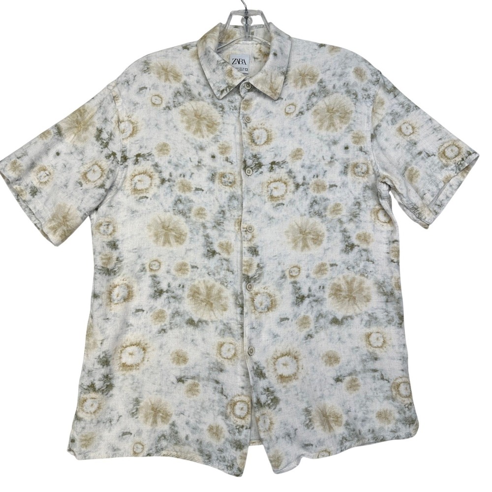 ZARA Relaxed Fit Button Up Shirt Abstract Print Beige Green Men's size M
